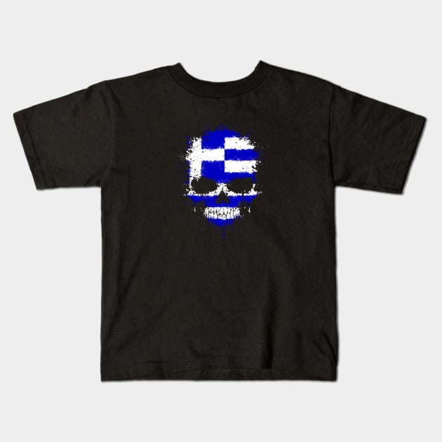 Chaotic Greek Flag Splatter Skull Kids T-Shirt by jeffbartels